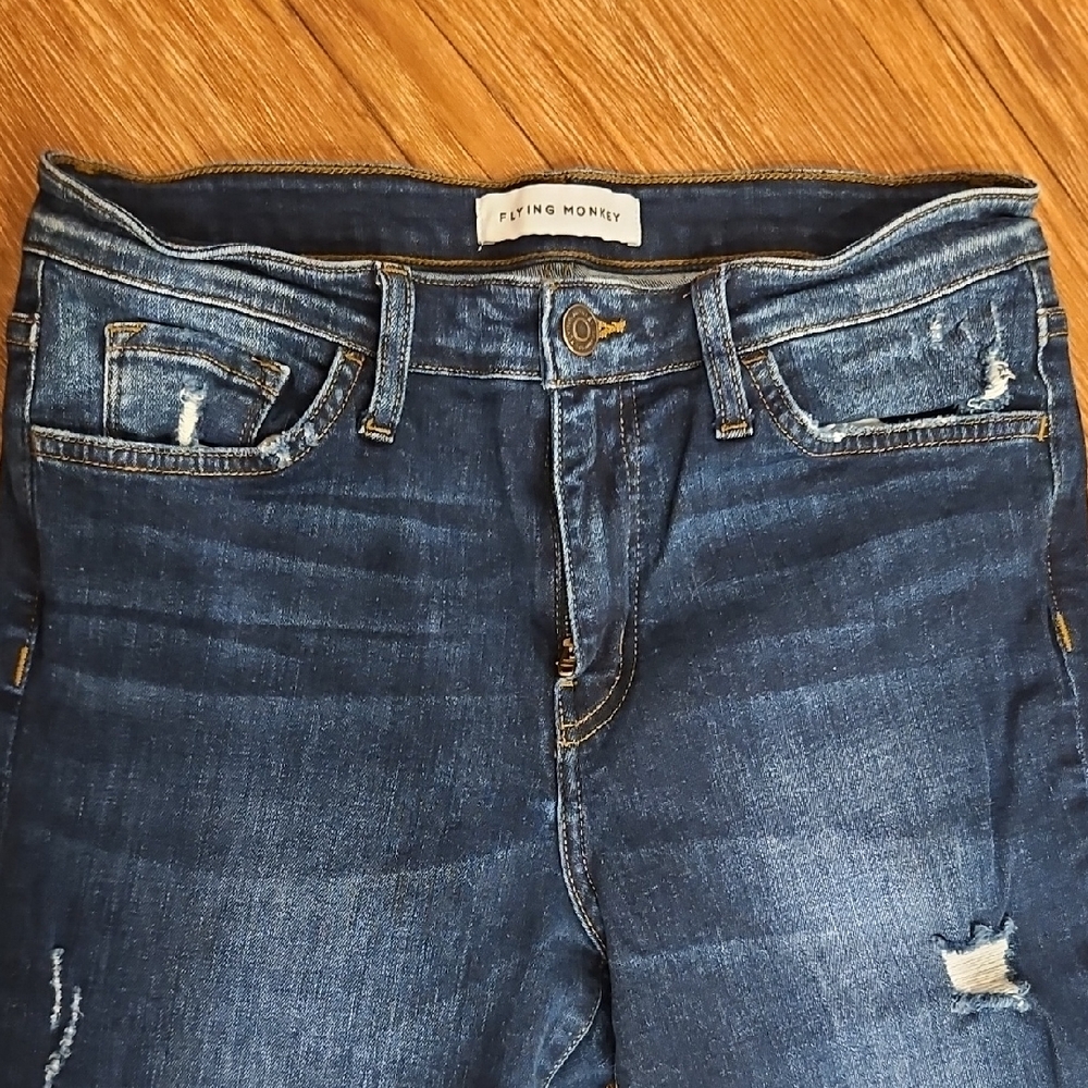 Flying Monkey Distressed Dark Blue High Rise Jeans